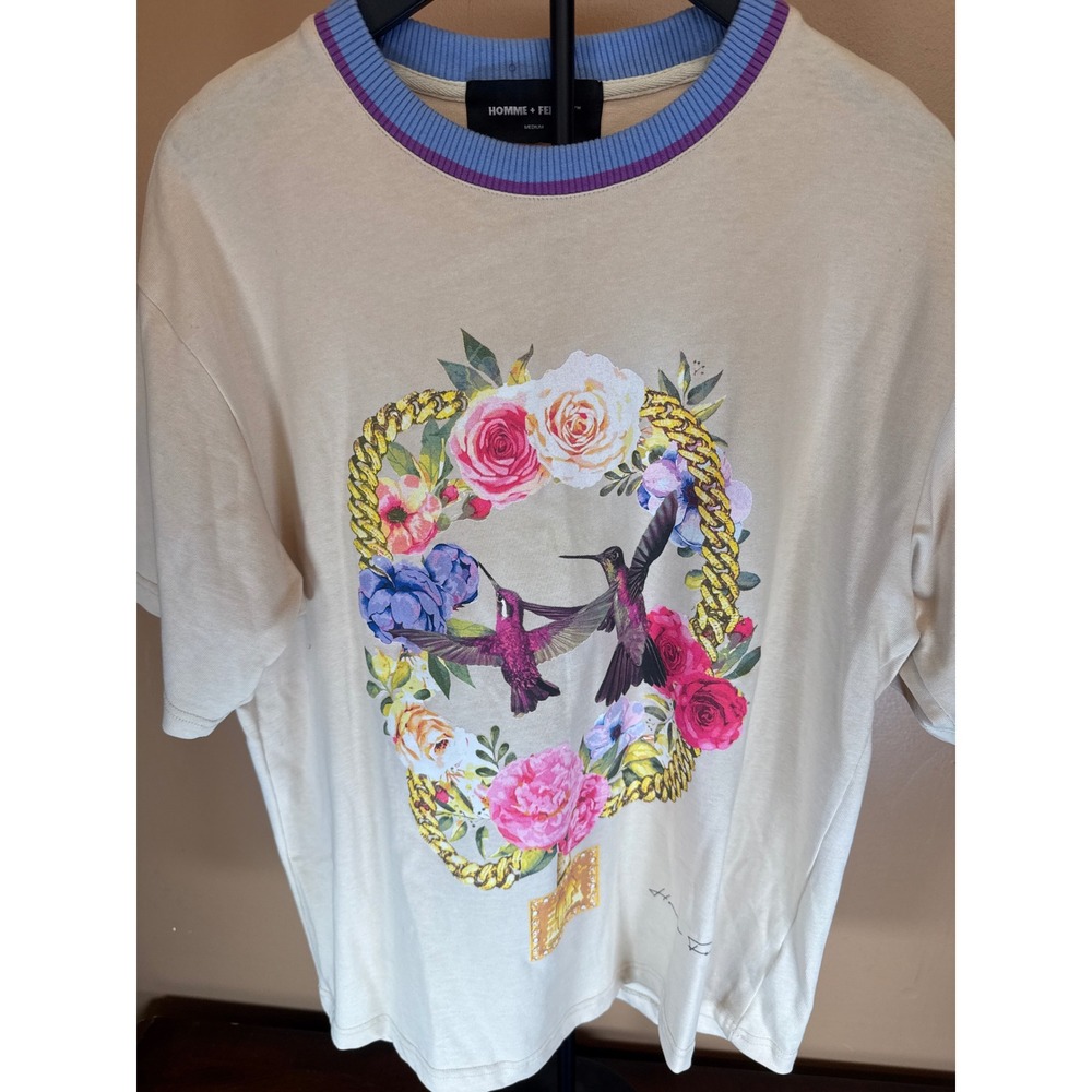 Homme + Femme‎ Mens Floral Hummingbird Graphic T-Shirt Cream Medium Streetwear